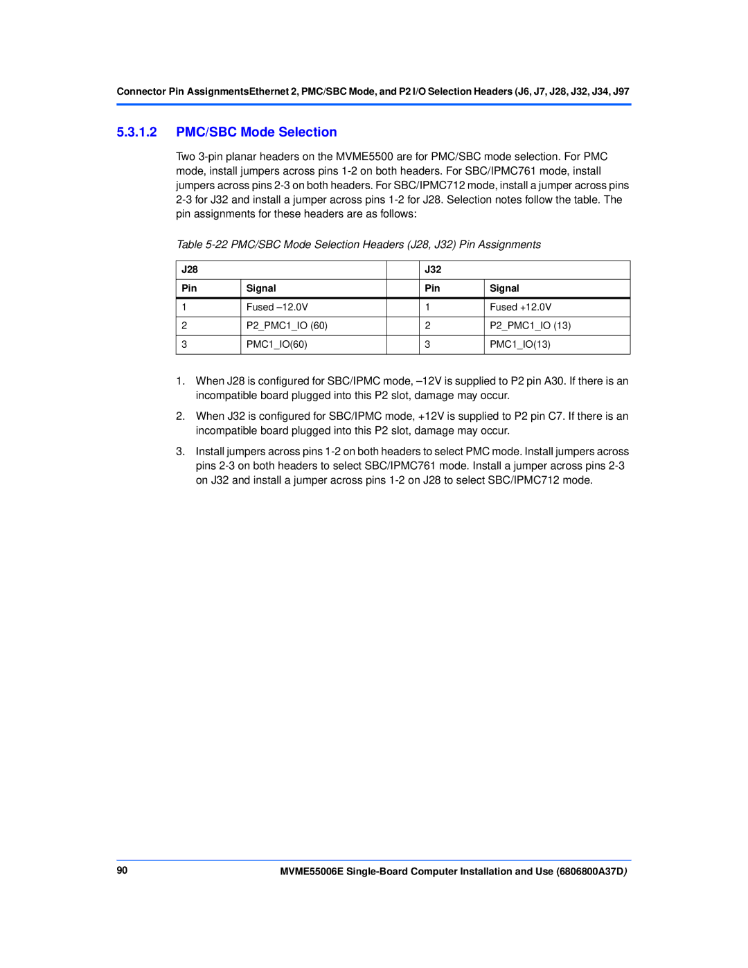 Emerson MVME55006E manual 22 PMC/SBC Mode Selection Headers J28, J32 Pin Assignments, J28 J32 Pin Signal 