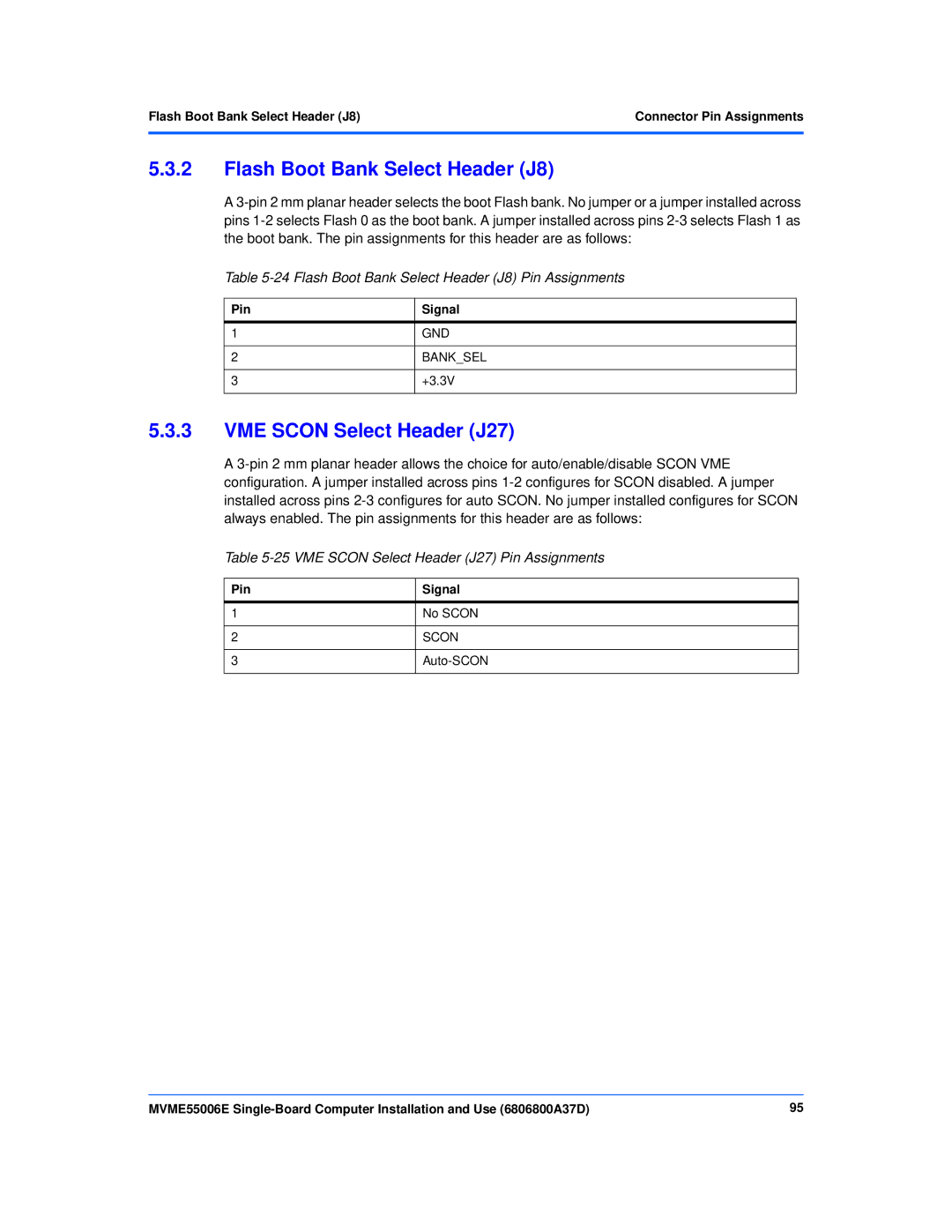 Emerson MVME55006E manual Flash Boot Bank Select Header J8 Pin Assignments, VME Scon Select Header J27 Pin Assignments 