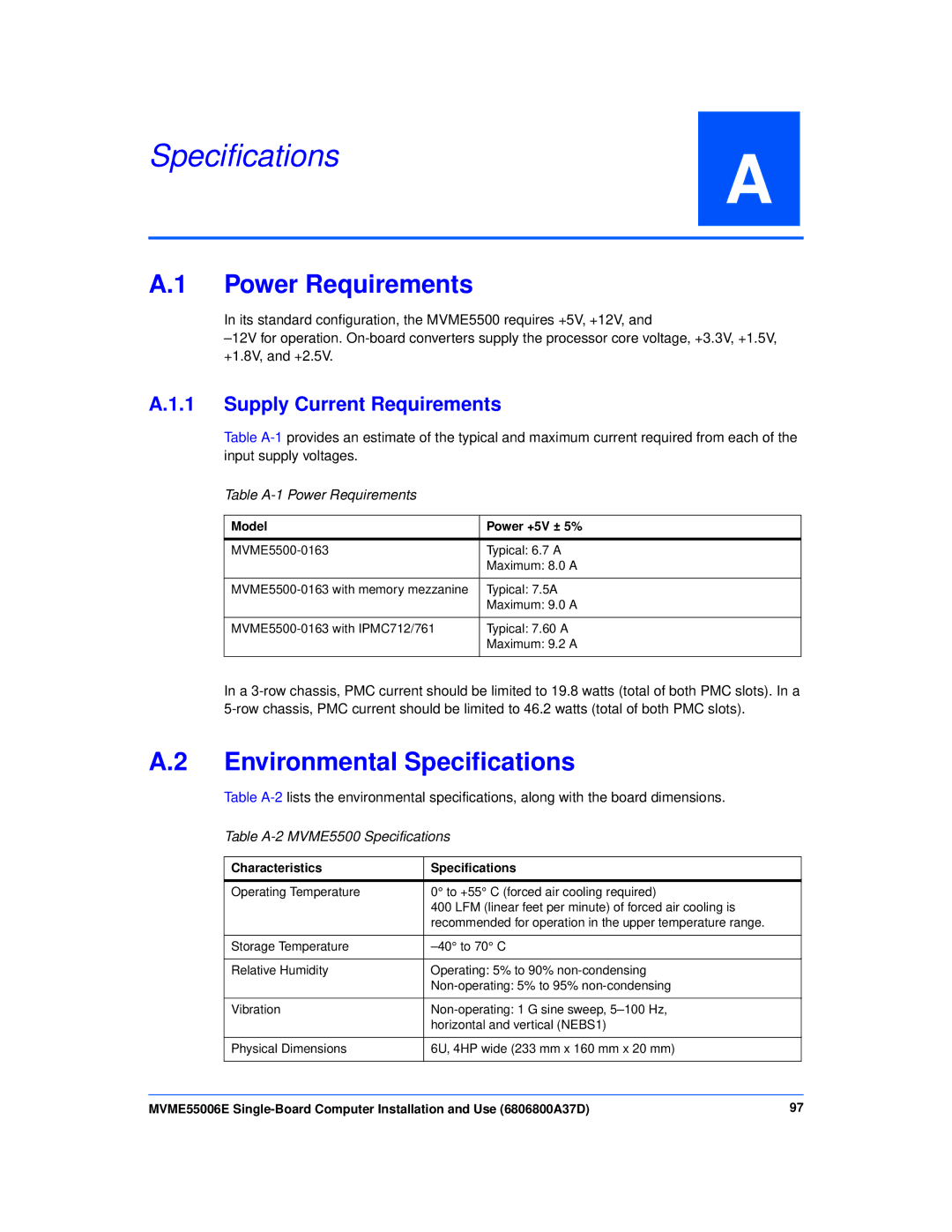 Emerson MVME55006E manual Power Requirements, Environmental Specifications, Supply Current Requirements 