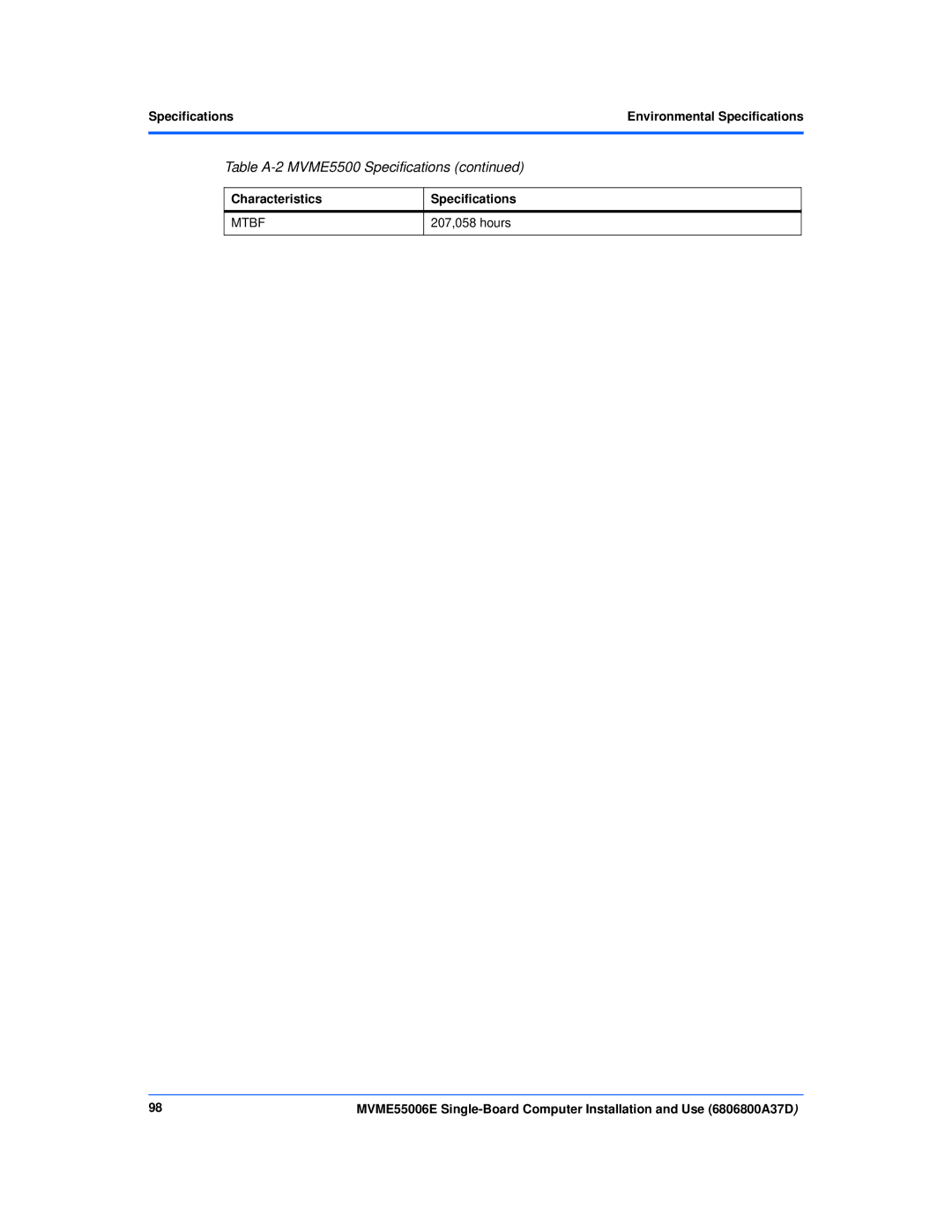 Emerson MVME55006E manual SpecificationsEnvironmental Specifications, 207,058 hours 