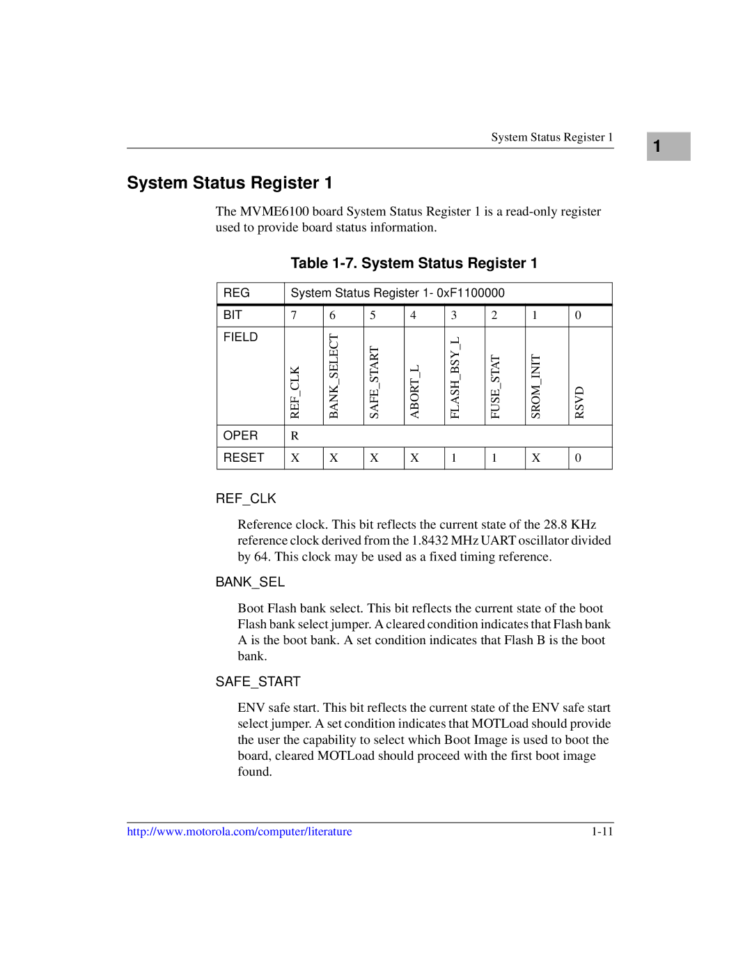 Emerson MVME6100 manual System Status Register, Refclk, Banksel, Safestart 