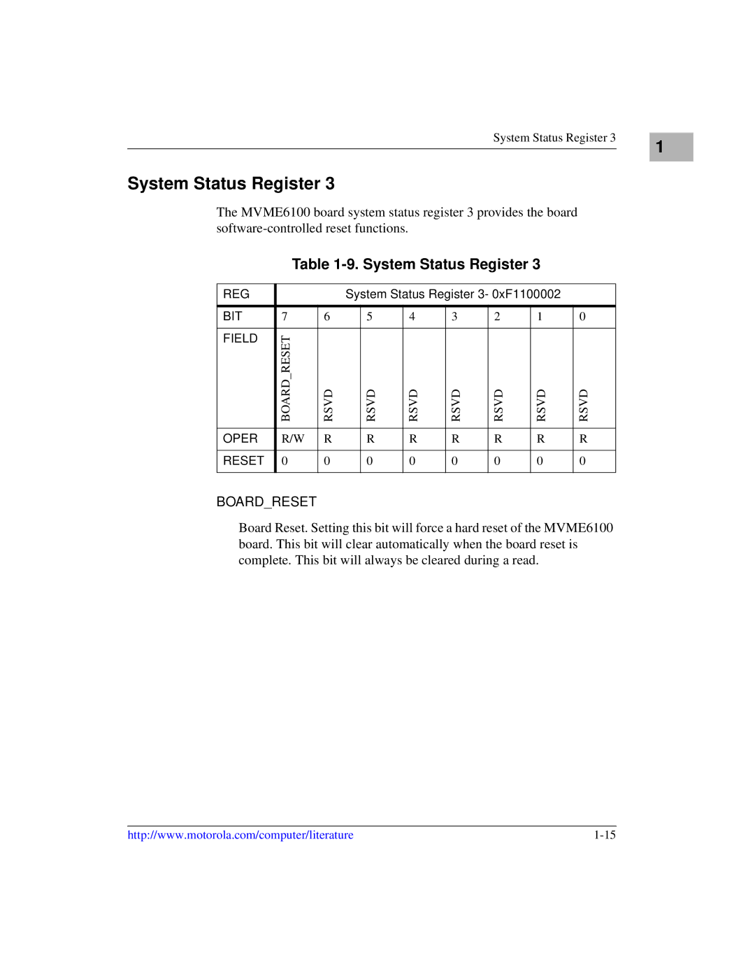 Emerson MVME6100 manual Boardreset, System Status Register 3- 0xF1100002, Reset Board Rsvd 