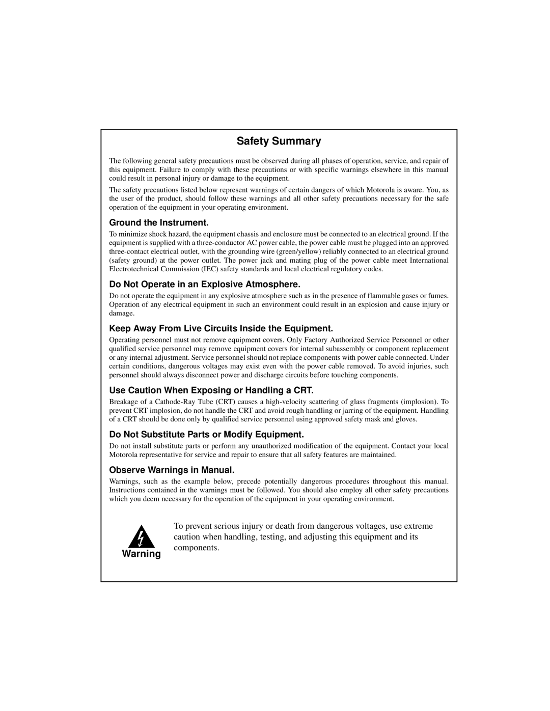 Emerson MVME6100 manual Safety Summary, Ground the Instrument 