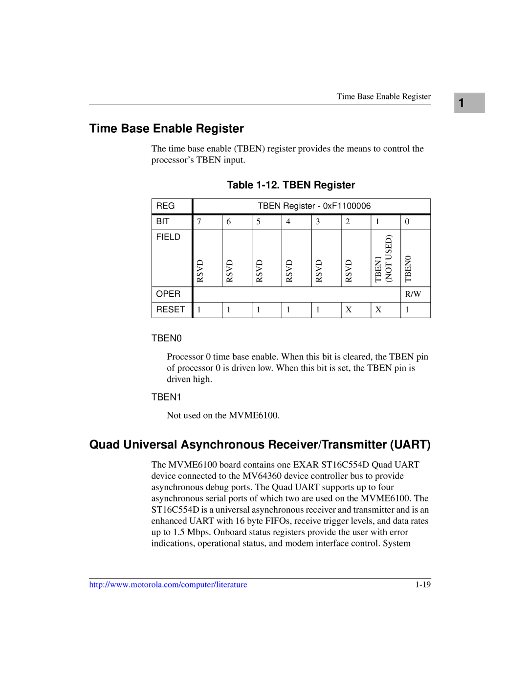 Emerson MVME6100 Time Base Enable Register, Quad Universal Asynchronous Receiver/Transmitter Uart, Tben Register, TBEN0 