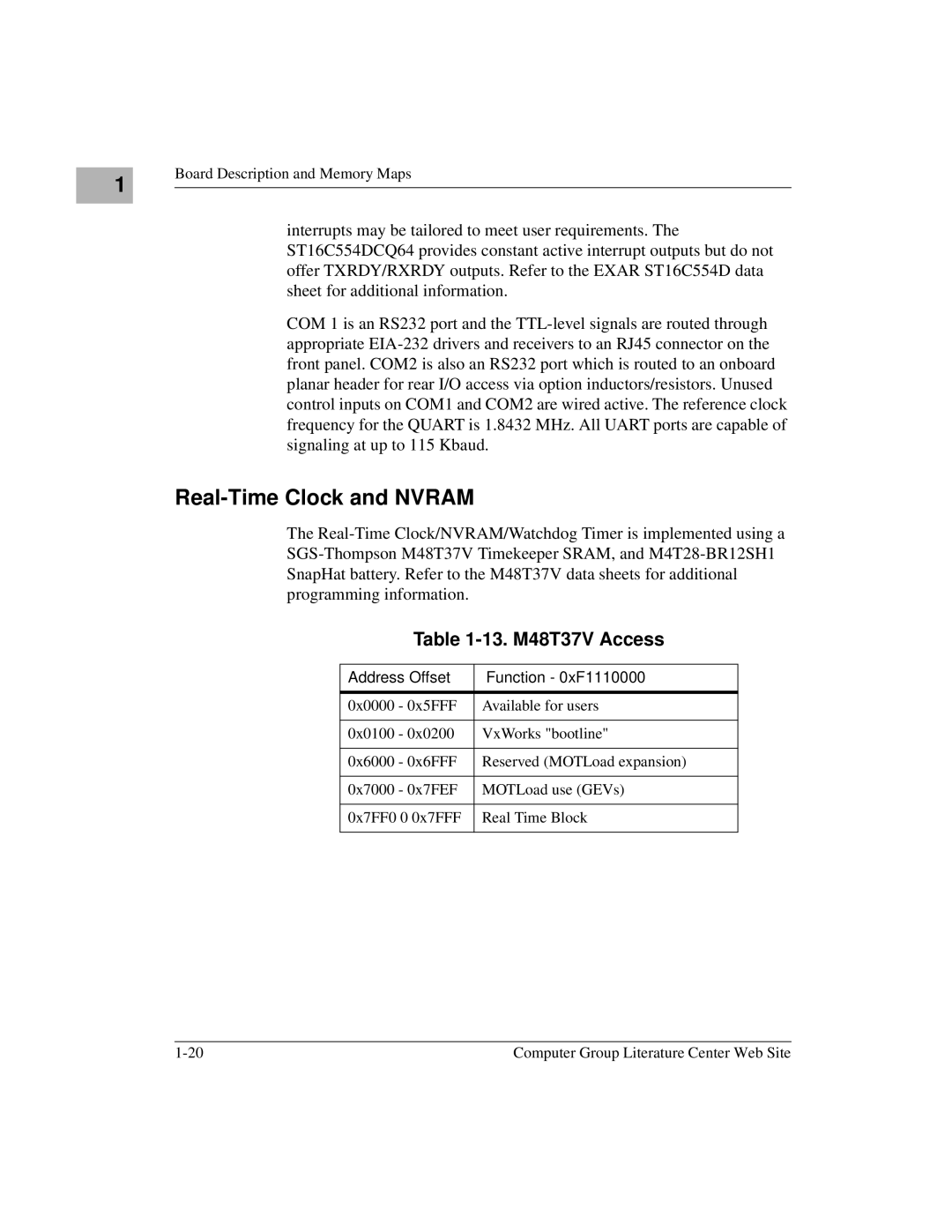 Emerson MVME6100 manual Real-Time Clock and Nvram, 13. M48T37V Access, Address Offset Function 0xF1110000 