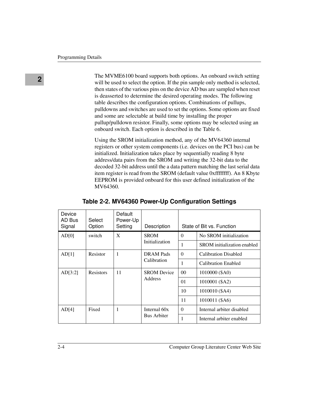 Emerson MVME6100 manual MV64360 Power-Up Configuration Settings, Srom 