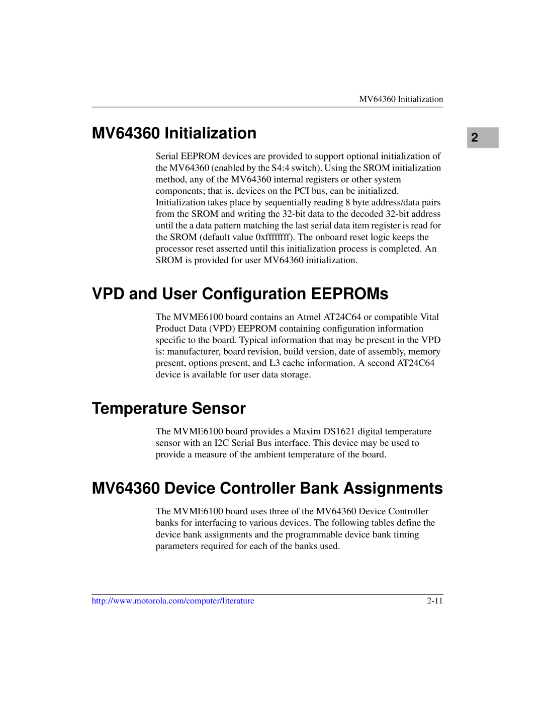 Emerson MVME6100 manual MV64360 Initialization, VPD and User Configuration EEPROMs, Temperature Sensor 