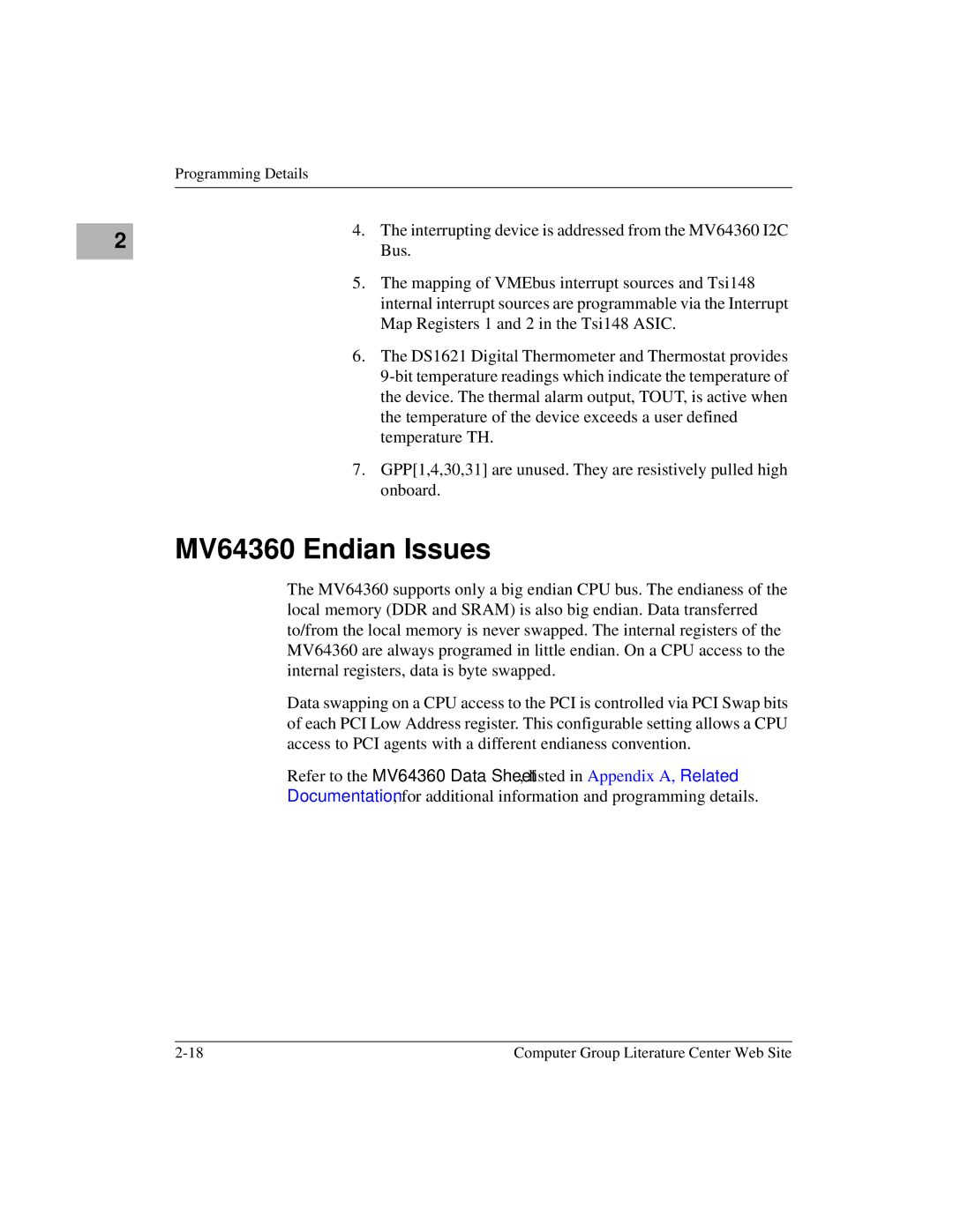 Emerson MVME6100 manual MV64360 Endian Issues, DS1621 Digital Thermometer and Thermostat provides 