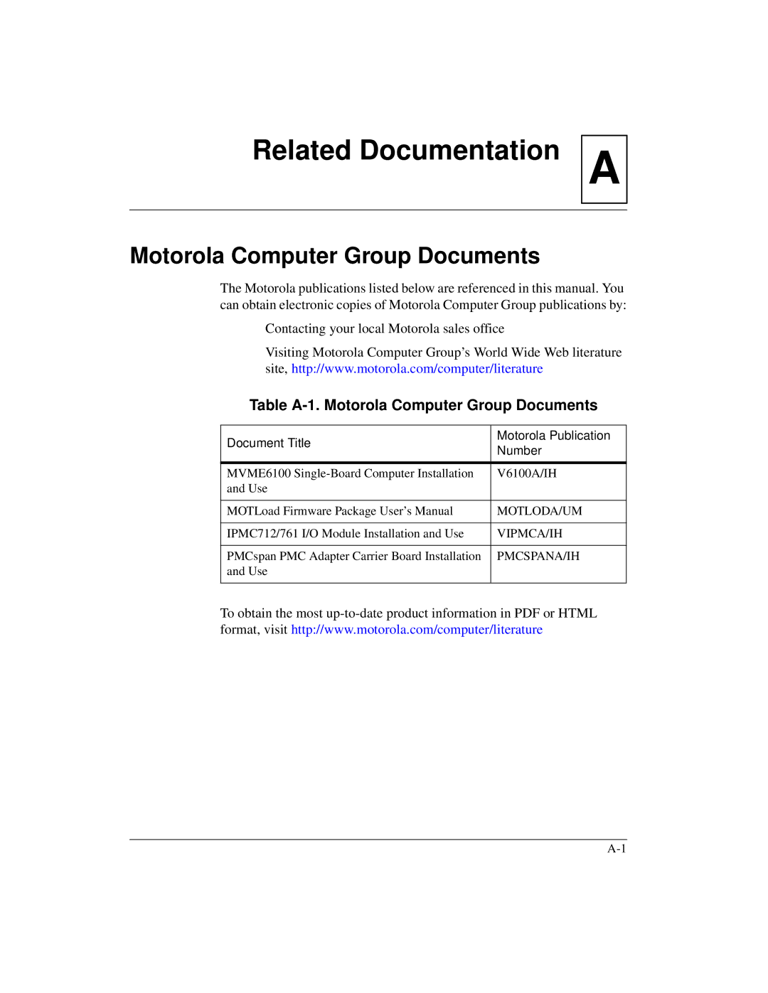 Emerson MVME6100 manual Table A-1. Motorola Computer Group Documents, Document Title Motorola Publication Number 