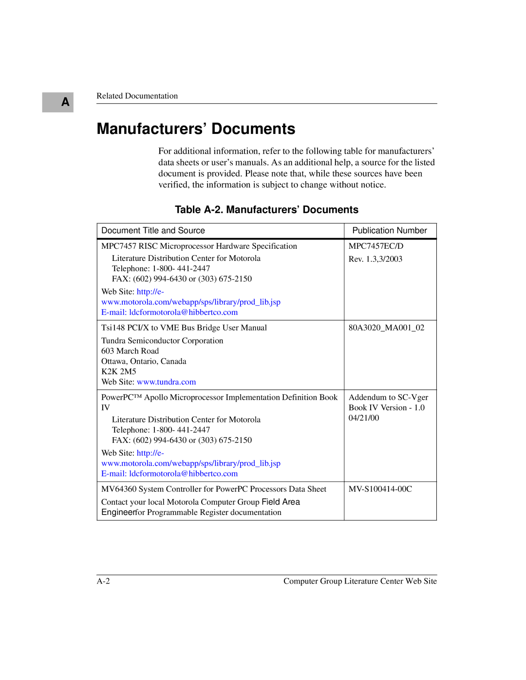 Emerson MVME6100 manual Table A-2. Manufacturers’ Documents, Document Title and Source Publication Number, MPC7457EC/D 