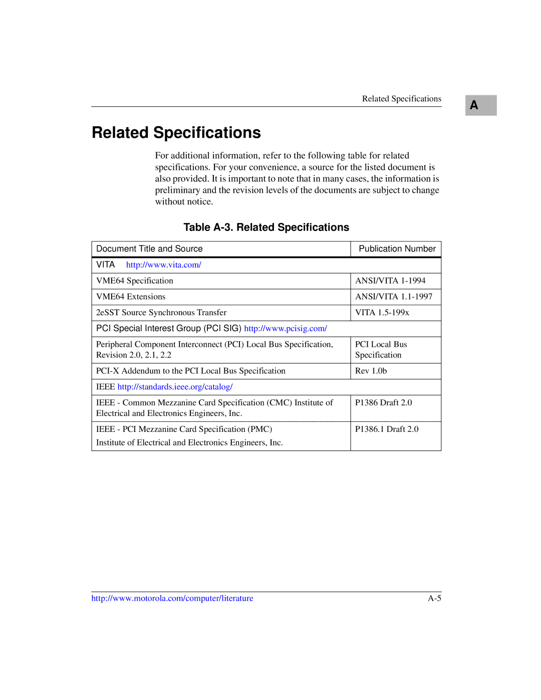 Emerson MVME6100 manual Table A-3. Related Specifications 