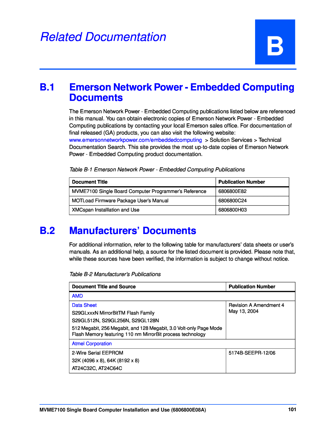 Emerson MVME7100 manual Related Documentation, B.1 Emerson Network Power - Embedded Computing Documents, Document Title 