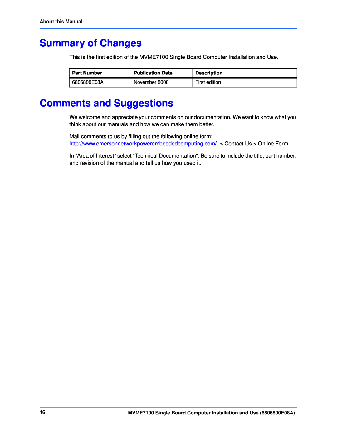 Emerson MVME7100 manual Summary of Changes, Comments and Suggestions 
