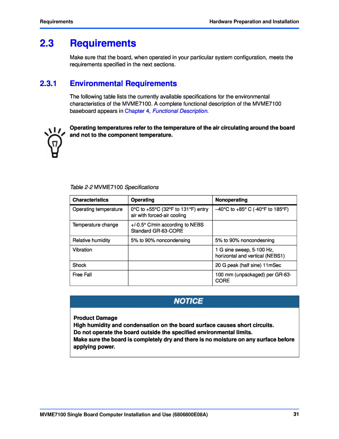 Emerson manual Environmental Requirements, 2 MVME7100 Specifications 