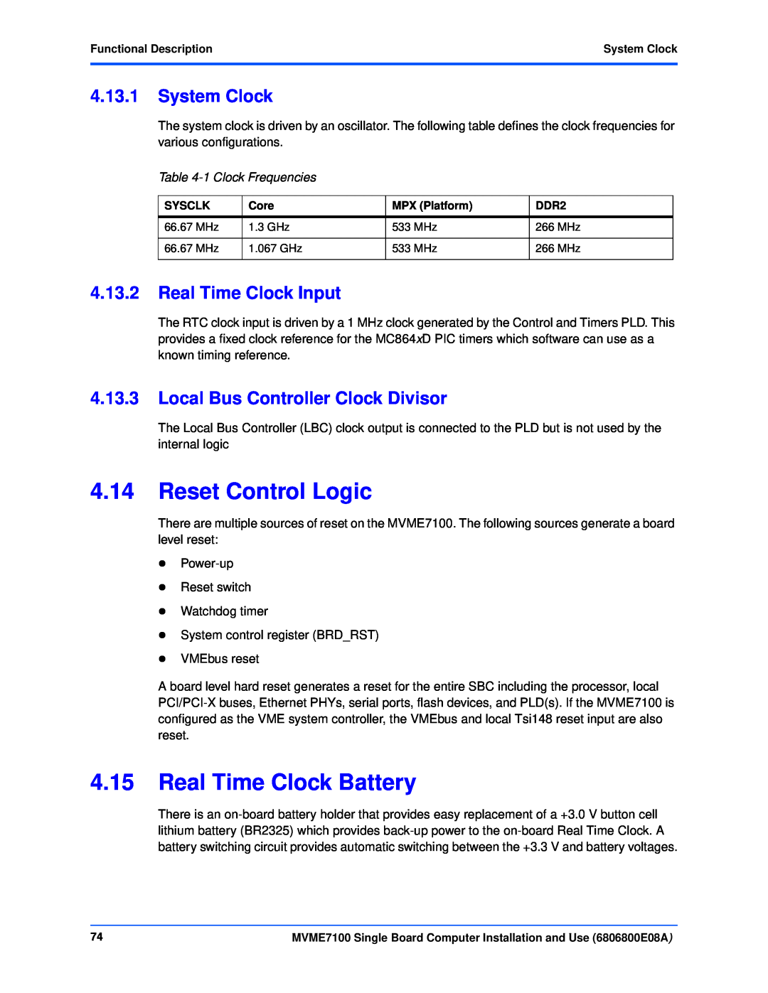 Emerson MVME7100 Reset Control Logic, Real Time Clock Battery, System Clock, Real Time Clock Input, 1 Clock Frequencies 