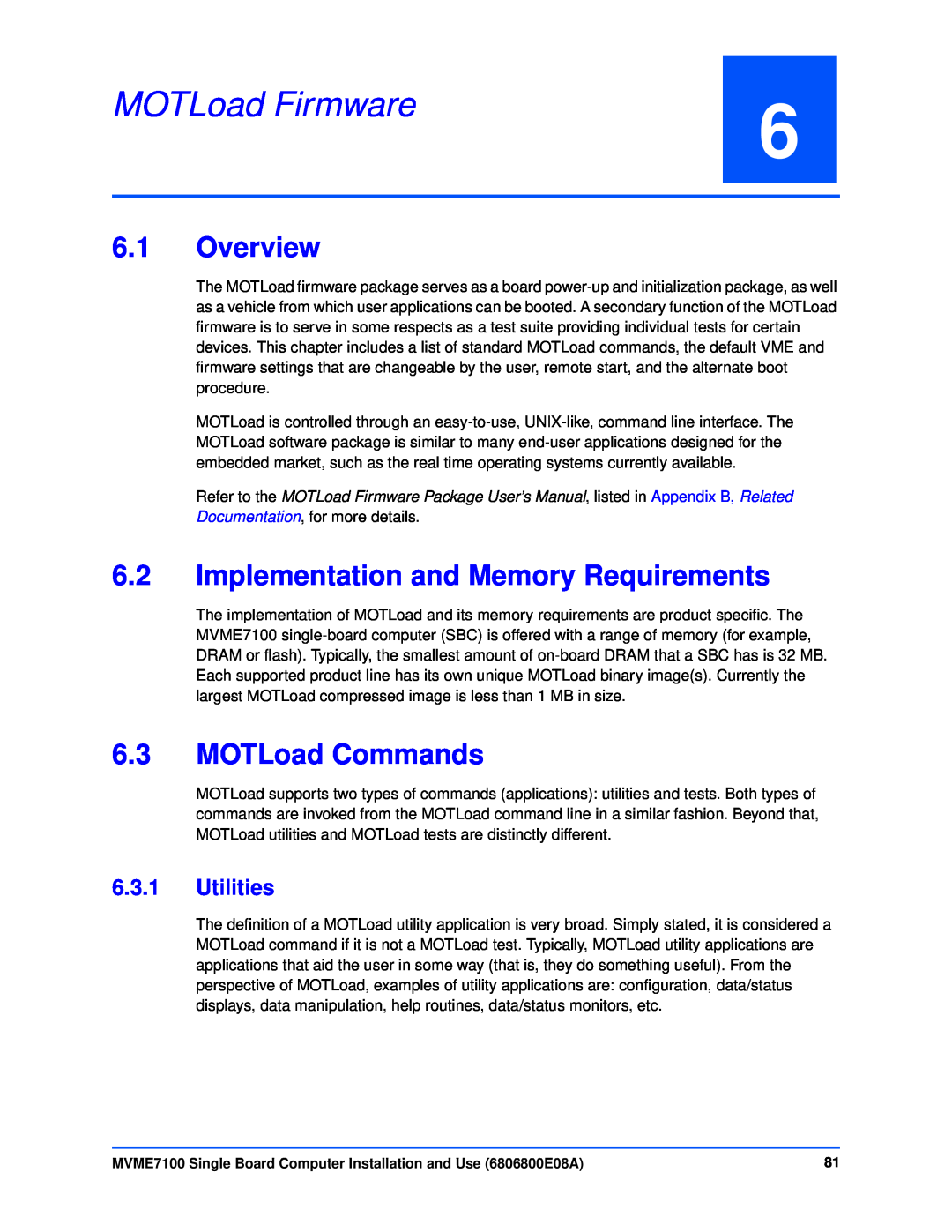 Emerson MVME7100 manual MOTLoad Firmware, Overview, Implementation and Memory Requirements, MOTLoad Commands, Utilities 