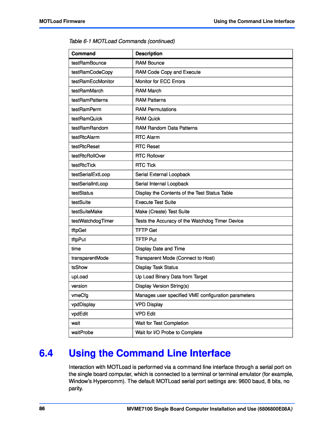Emerson MVME7100 manual Using the Command Line Interface, 1 MOTLoad Commands continued, Description 