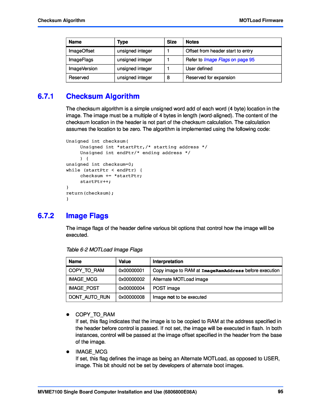 Emerson MVME7100 manual Checksum Algorithm, 2 MOTLoad Image Flags 