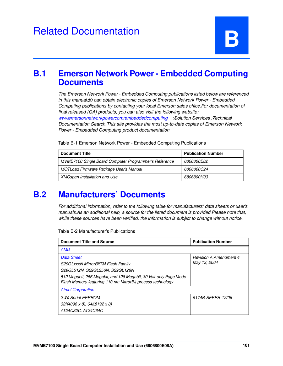 Emerson MVME7100 manual Related Documentation, Emerson Network Power Embedded Computing Documents, Manufacturers’ Documents 