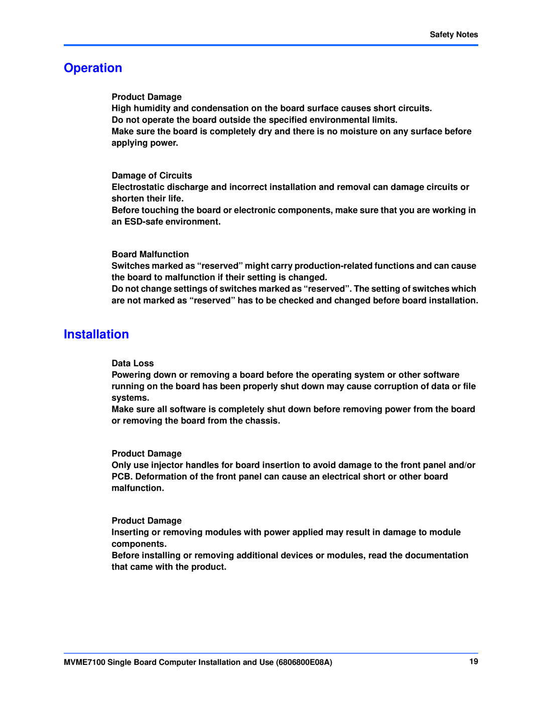 Emerson MVME7100 manual Operation, Installation 