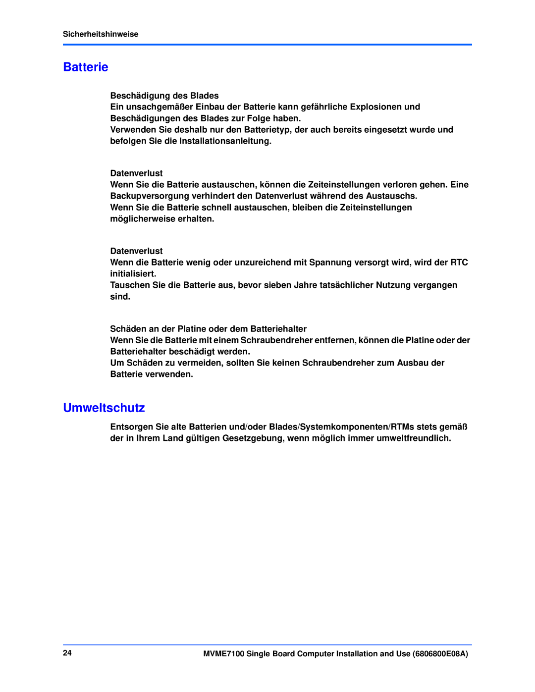 Emerson MVME7100 manual Batterie, Umweltschutz 