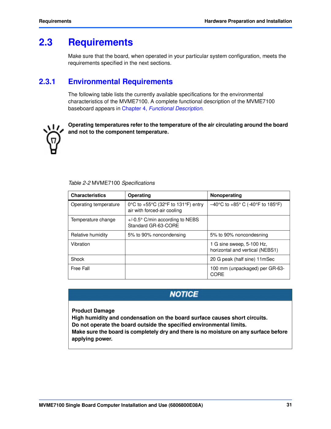 Emerson Environmental Requirements, MVME7100 Specifications, Requirements Hardware Preparation and Installation 