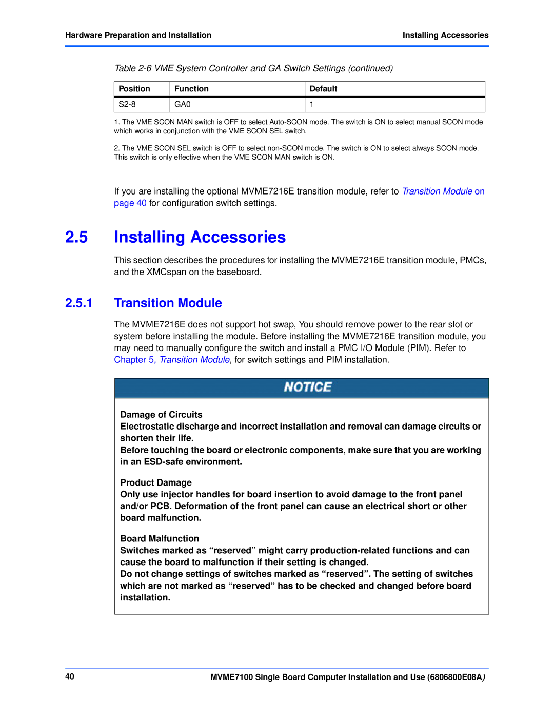 Emerson MVME7100 manual Transition Module, Hardware Preparation and InstallationInstalling Accessories 