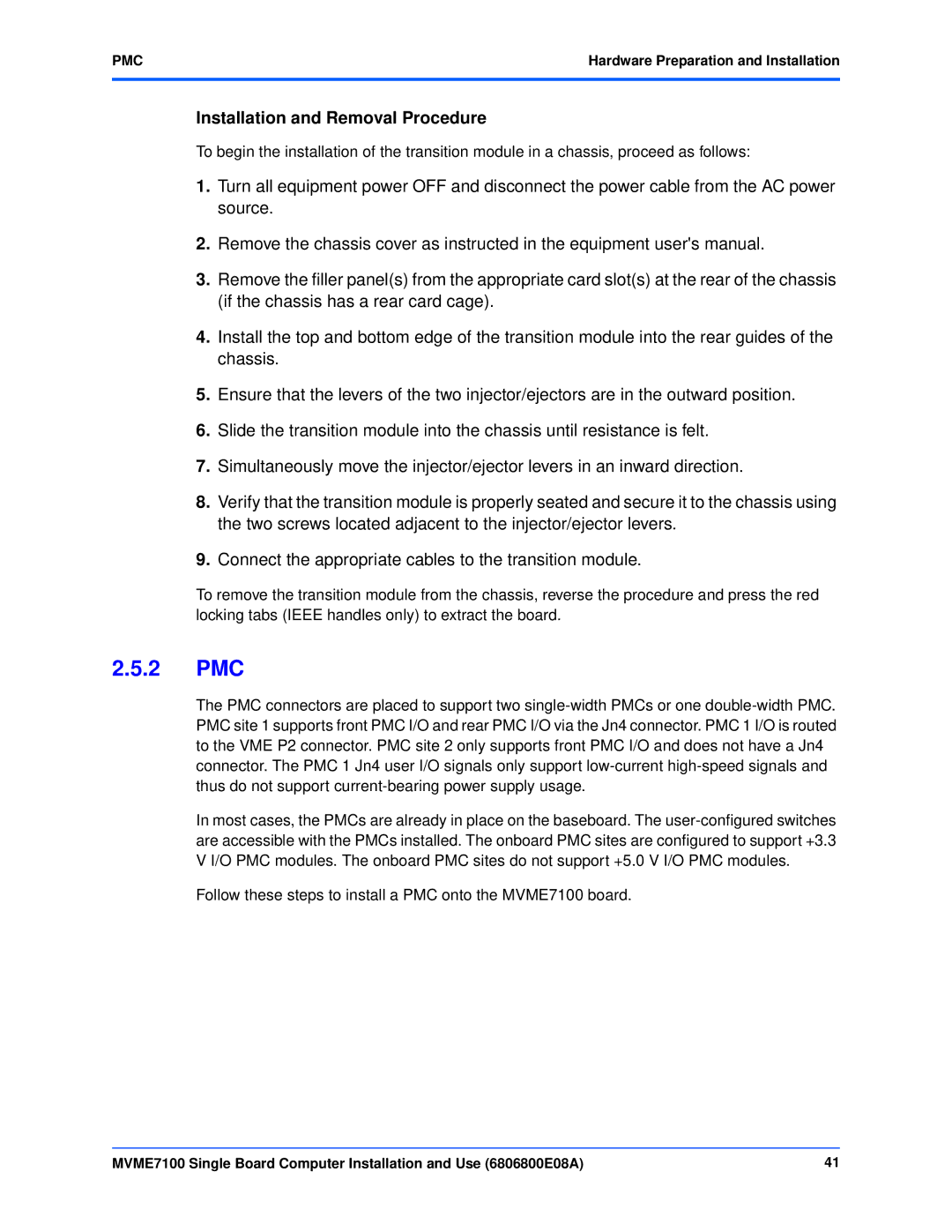 Emerson MVME7100 manual 2 PMC, Installation and Removal Procedure 