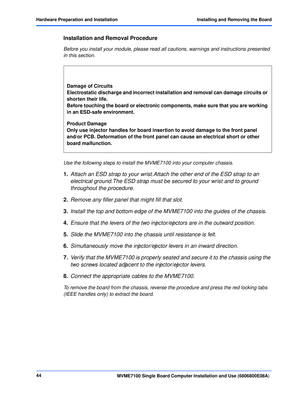 Emerson MVME7100 manual Installation and Removal Procedure 