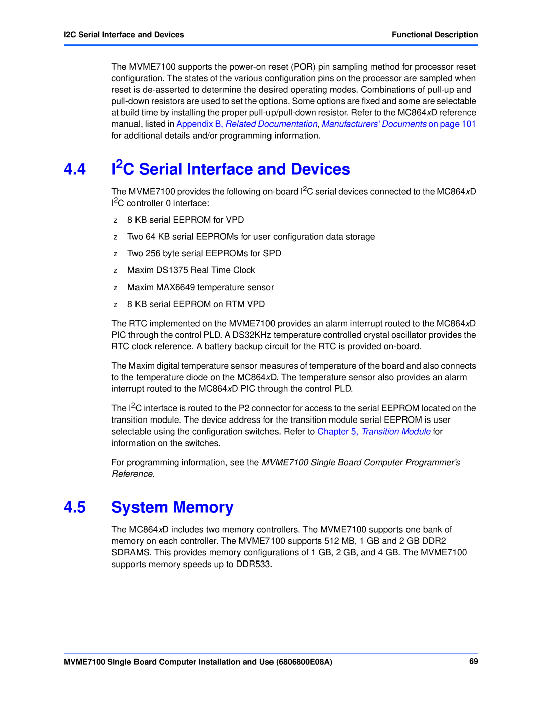 Emerson MVME7100 manual System Memory, I2C Serial Interface and Devices Functional Description 