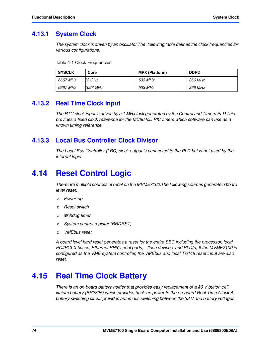 Emerson MVME7100 manual Reset Control Logic, Real Time Clock Battery, System Clock, Real Time Clock Input 