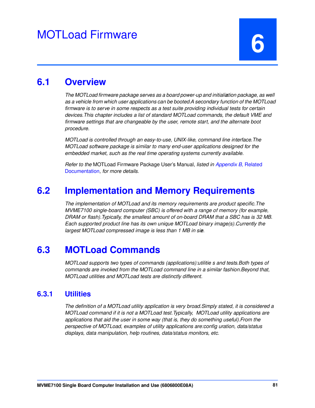 Emerson MVME7100 manual MOTLoad Firmware, Implementation and Memory Requirements, MOTLoad Commands, Utilities 