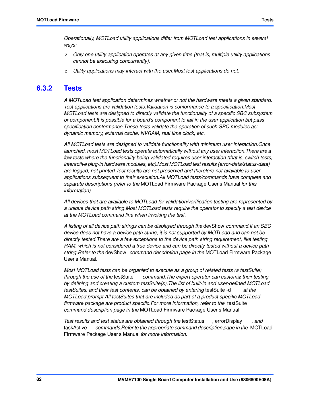 Emerson MVME7100 manual Tests, MOTLoad Firmware 