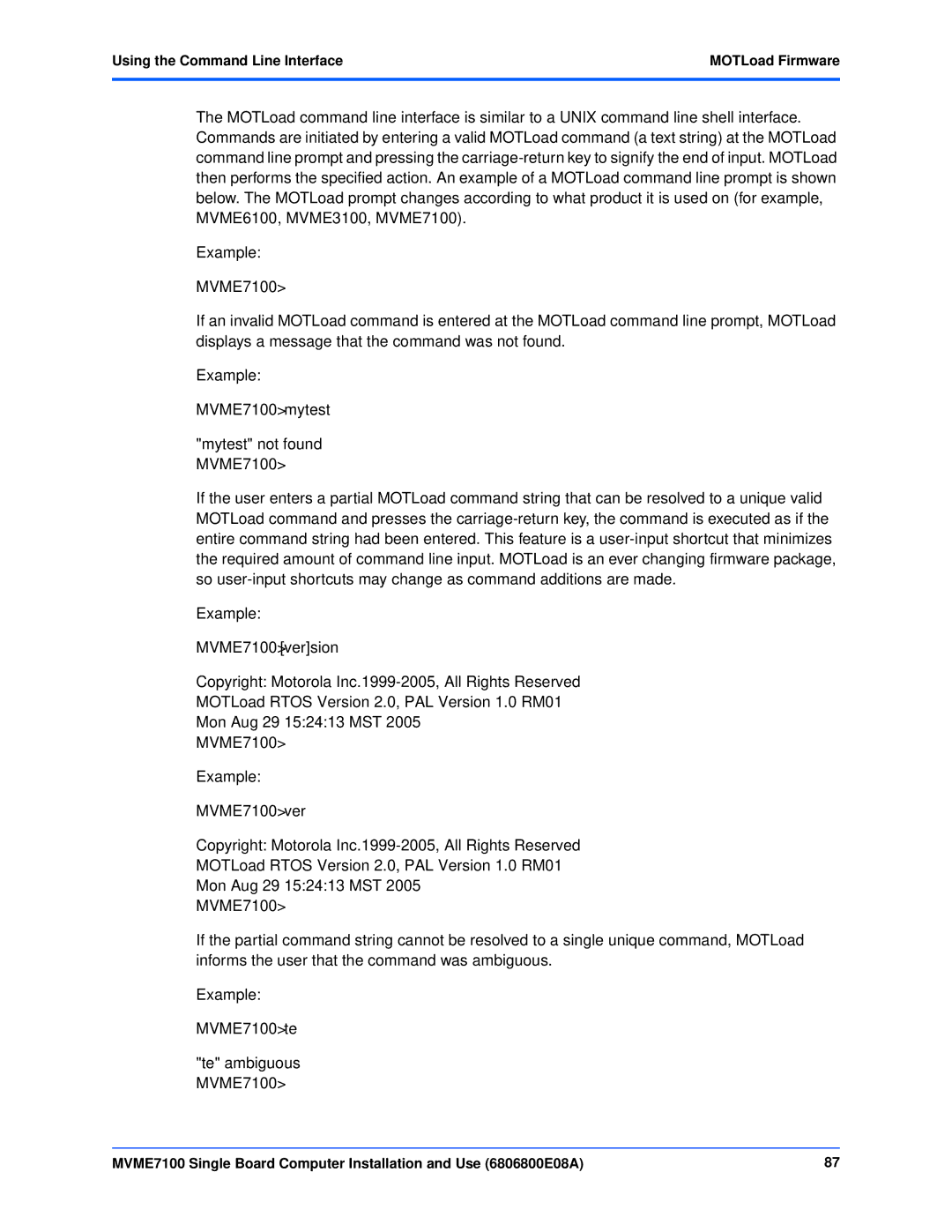 Emerson MVME7100 manual Using the Command Line Interface MOTLoad Firmware 