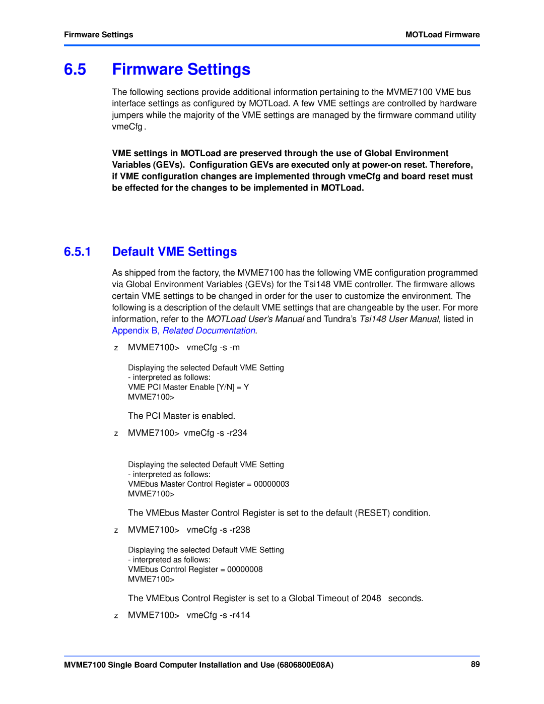 Emerson MVME7100 manual Default VME Settings, Firmware Settings MOTLoad Firmware 