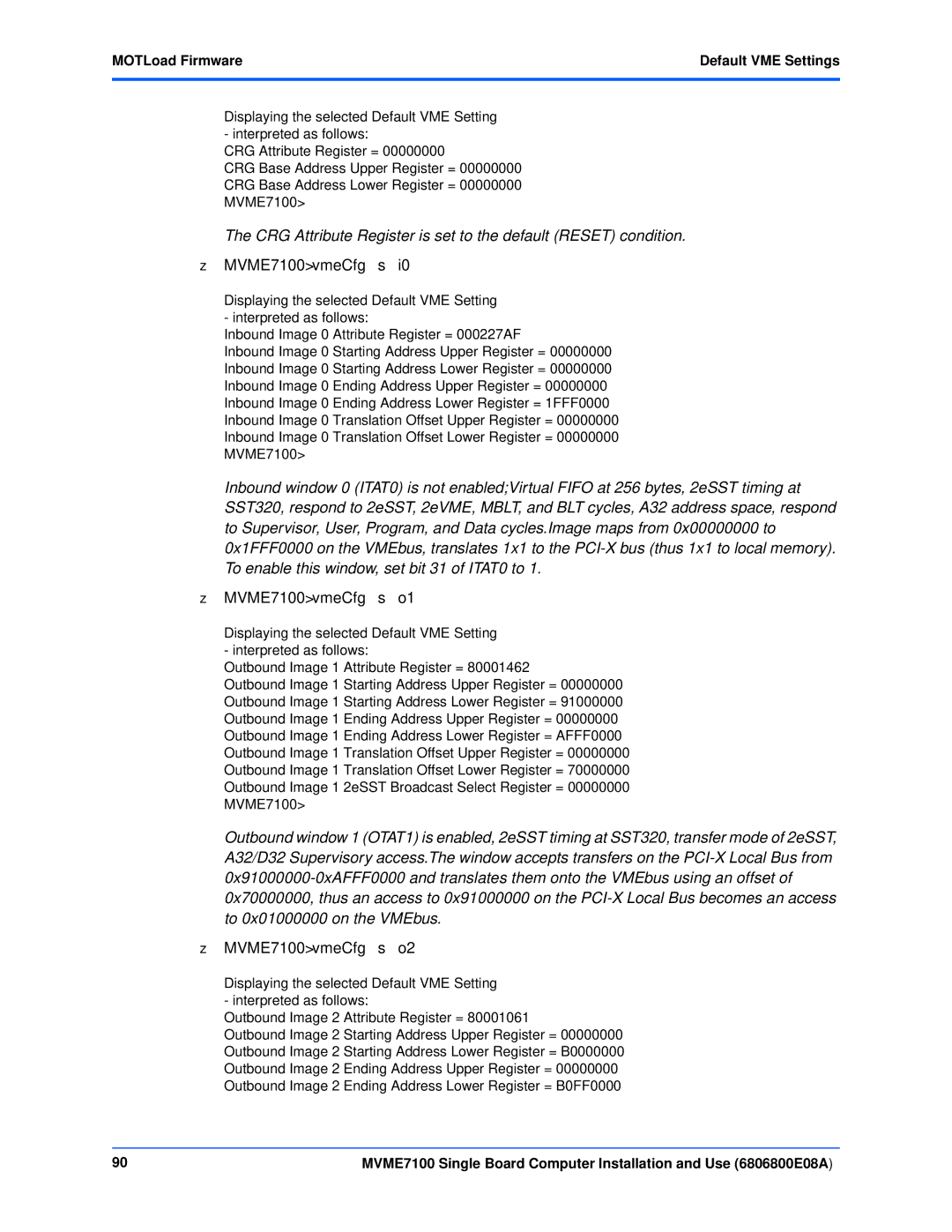 Emerson manual MVME7100 vmeCfg -s, MOTLoad Firmware Default VME Settings 