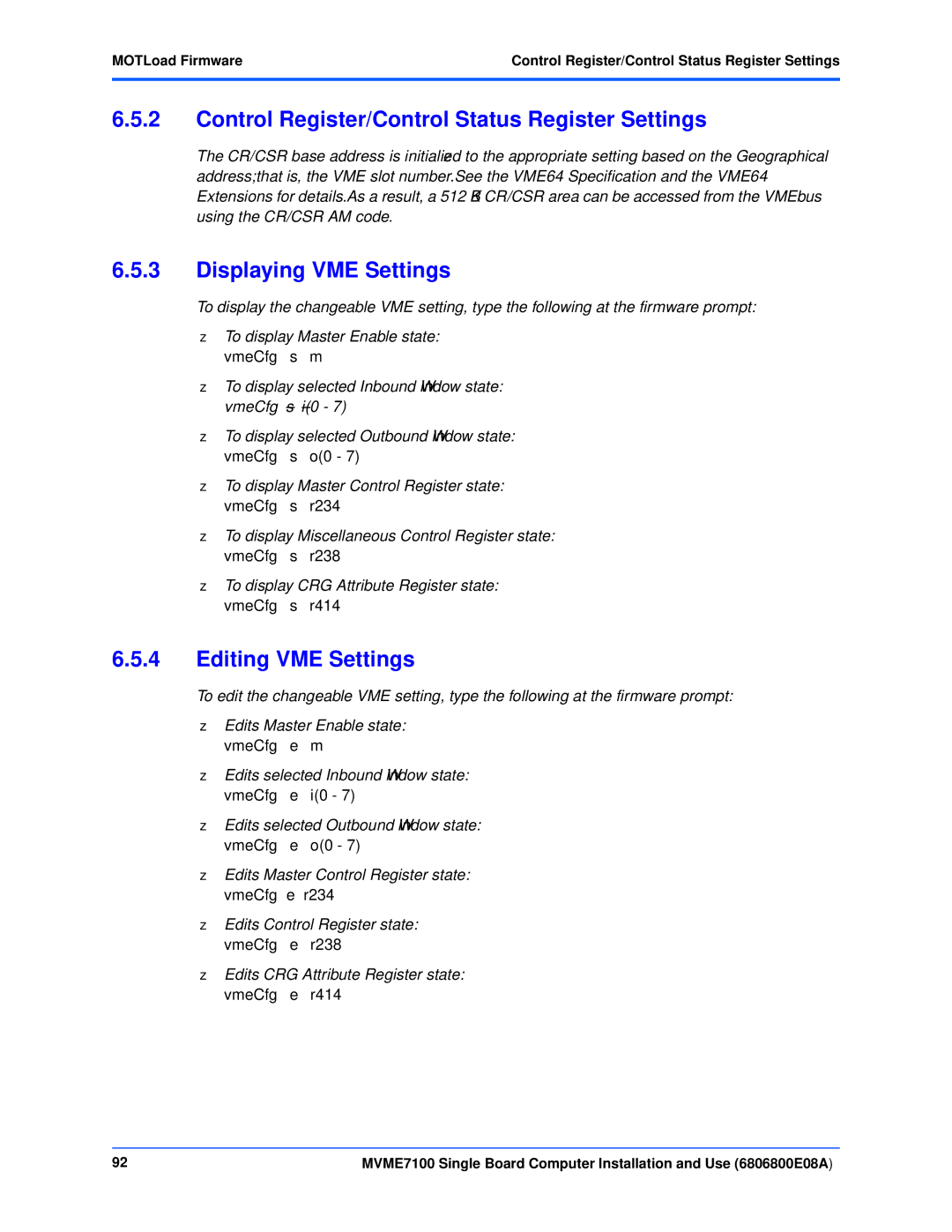 Emerson MVME7100 manual Control Register/Control Status Register Settings, Displaying VME Settings, Editing VME Settings 