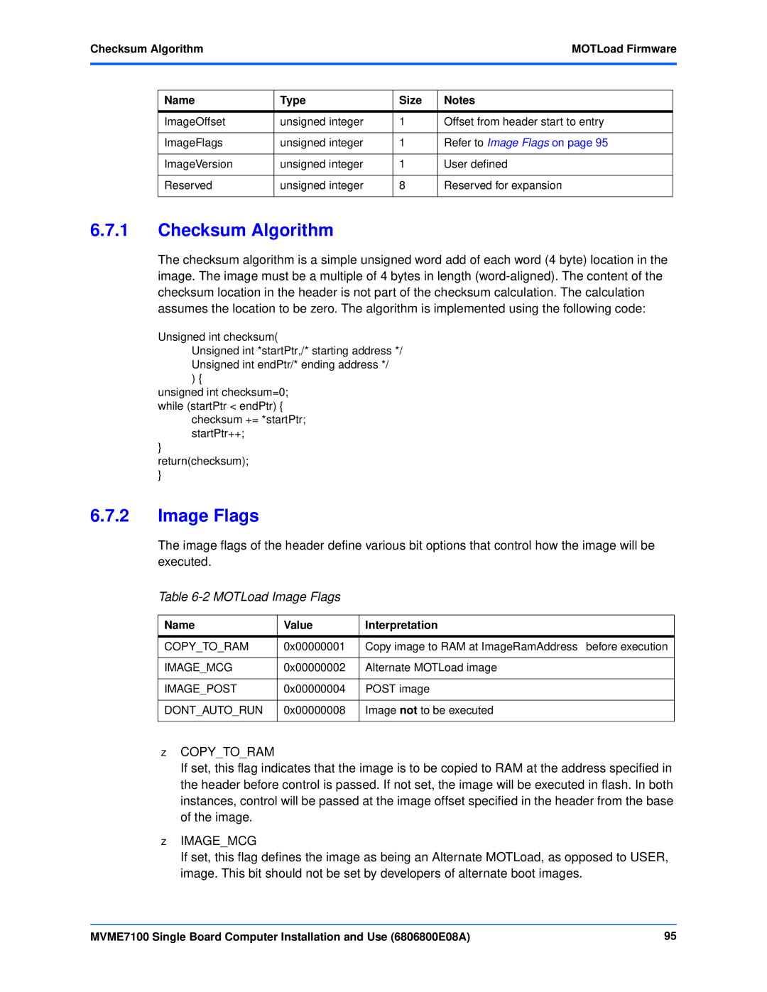 Emerson MVME7100 manual MOTLoad Image Flags, Checksum Algorithm MOTLoad Firmware Name Type Size 