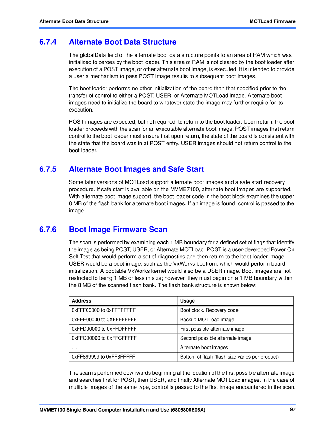 Emerson MVME7100 manual Alternate Boot Data Structure, Alternate Boot Images and Safe Start, Boot Image Firmware Scan 