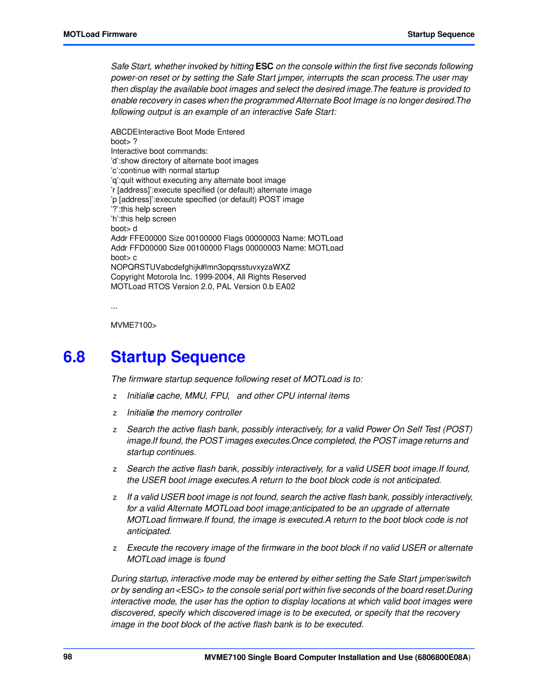 Emerson MVME7100 manual MOTLoad Firmware Startup Sequence 