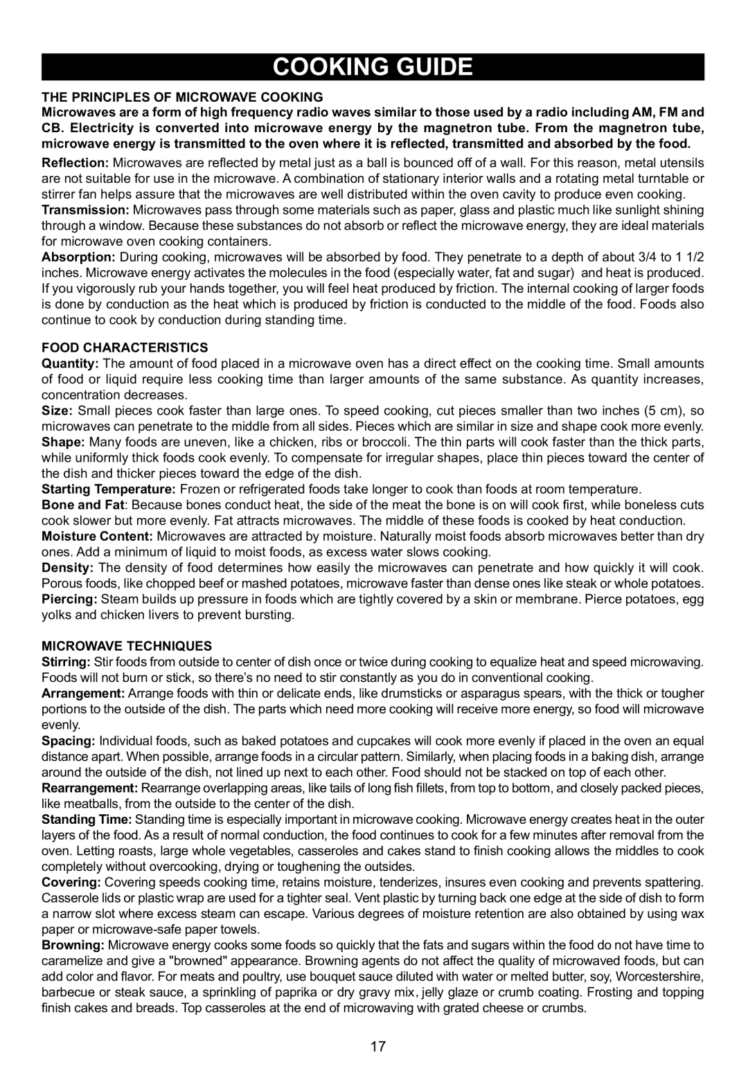 Emerson MW1119W owner manual Principles of Microwave Cooking, Food Characteristics, Microwave Techniques 