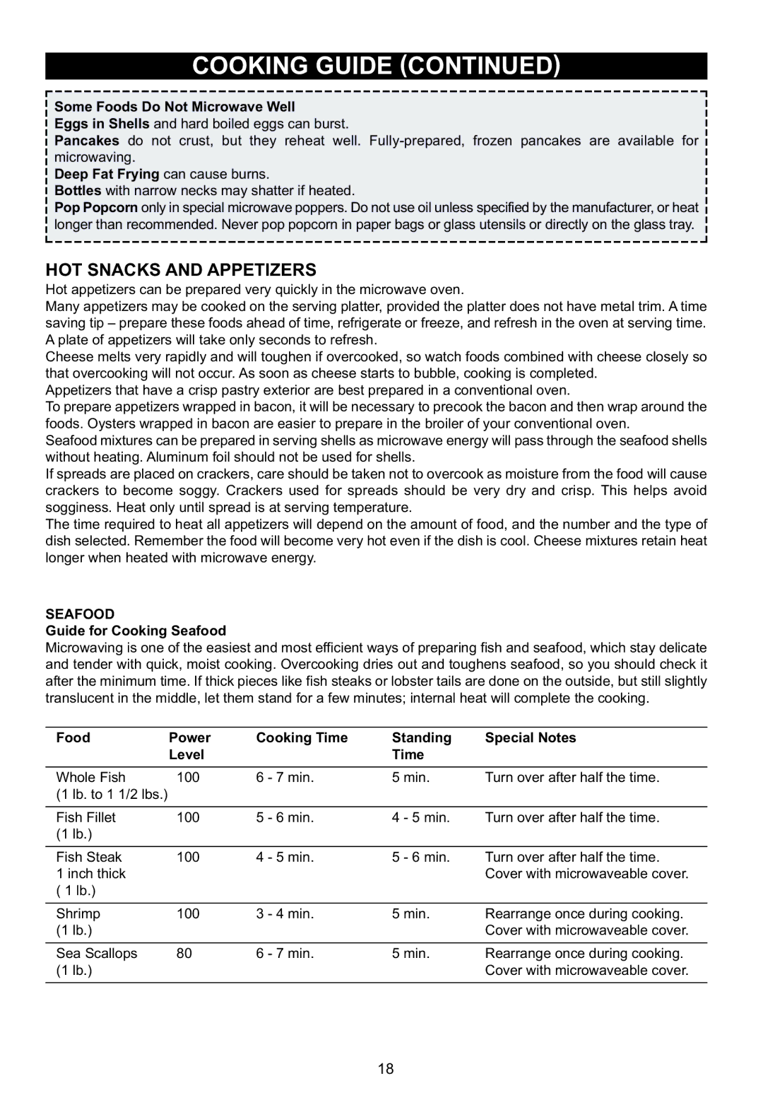 Emerson MW1119W Some Foods Do Not Microwave Well, Deep Fat Frying can cause burns, Guide for Cooking Seafood 