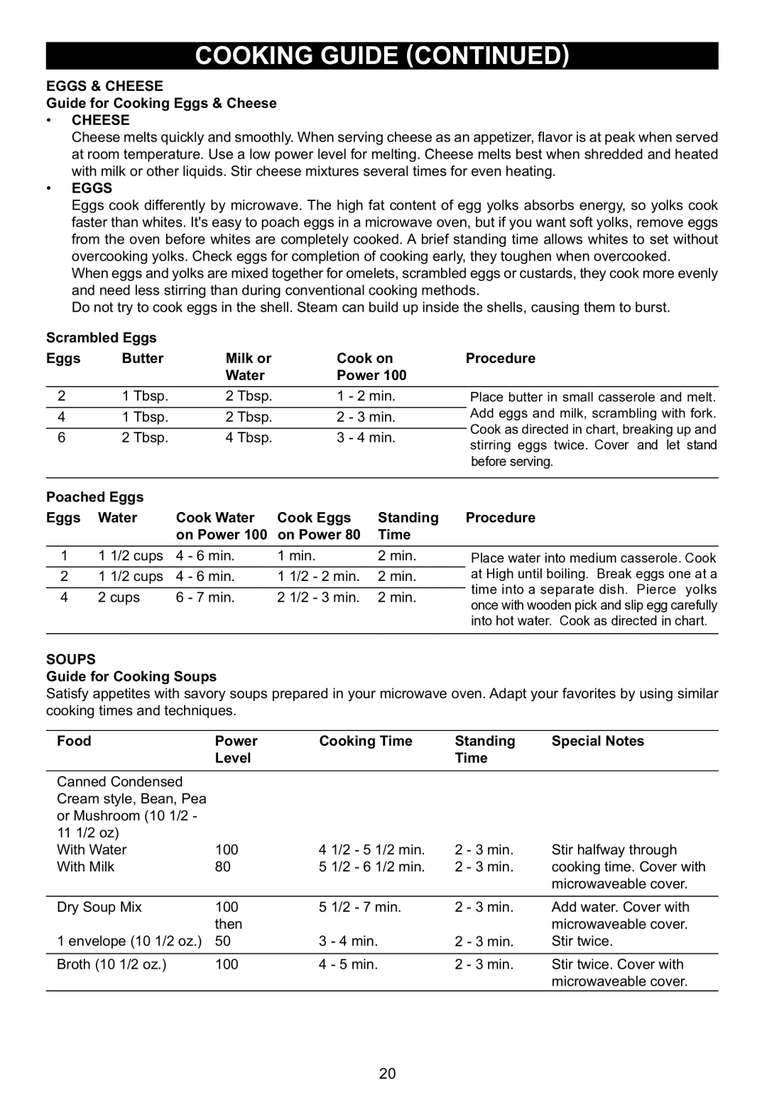 Emerson MW1119W owner manual Eggs & Cheese, Soups 