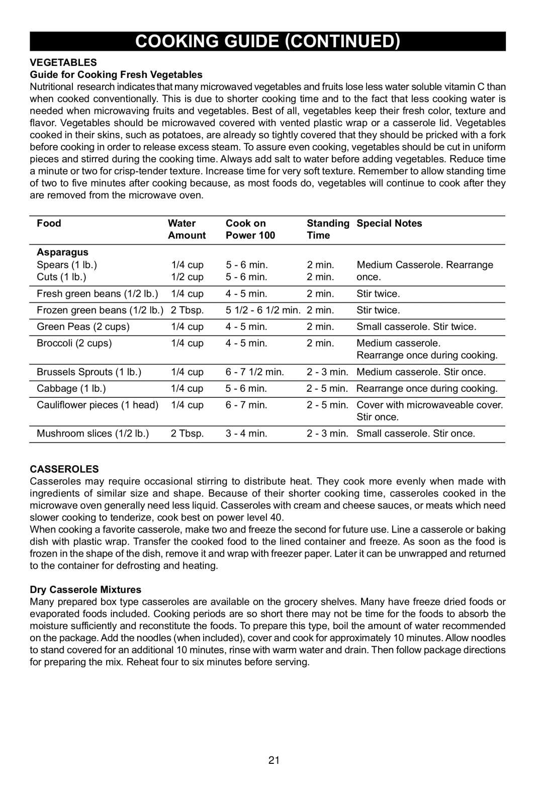 Emerson MW1119W owner manual Guide for Cooking Fresh Vegetables, Casseroles, Dry Casserole Mixtures 