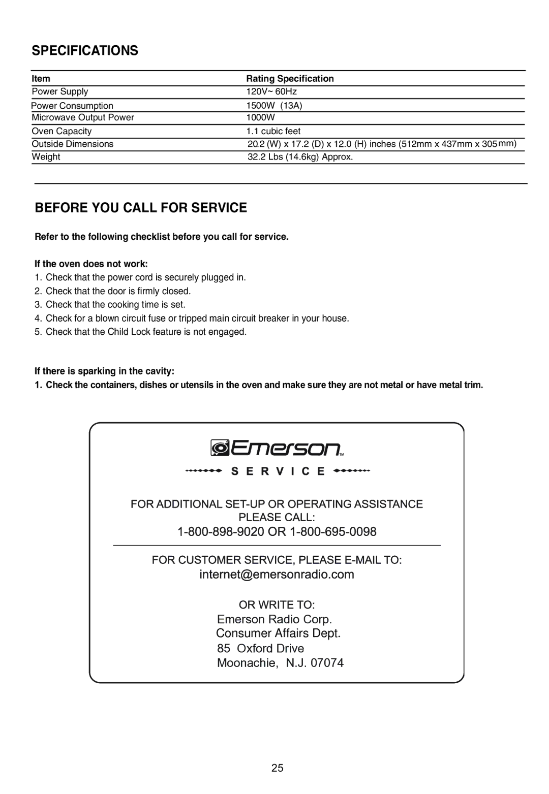 Emerson MW1119W owner manual Specifications 