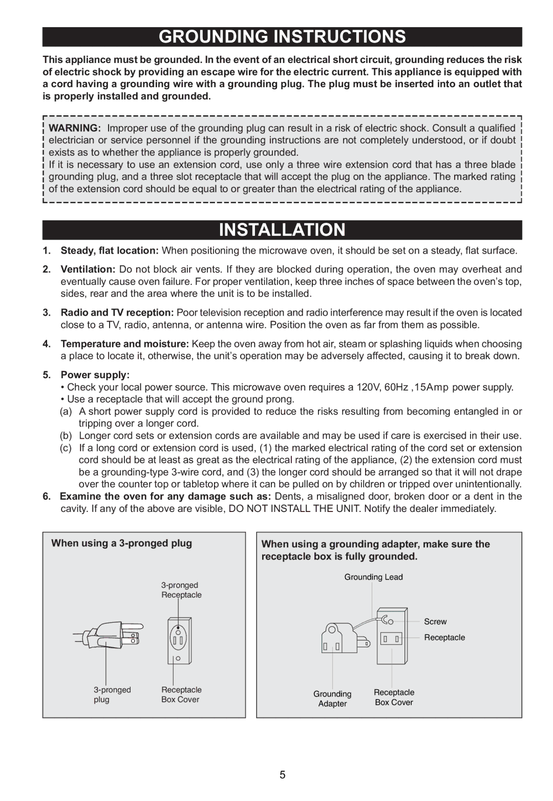 Emerson MW1119W owner manual Grounding Instructions, Power supply 