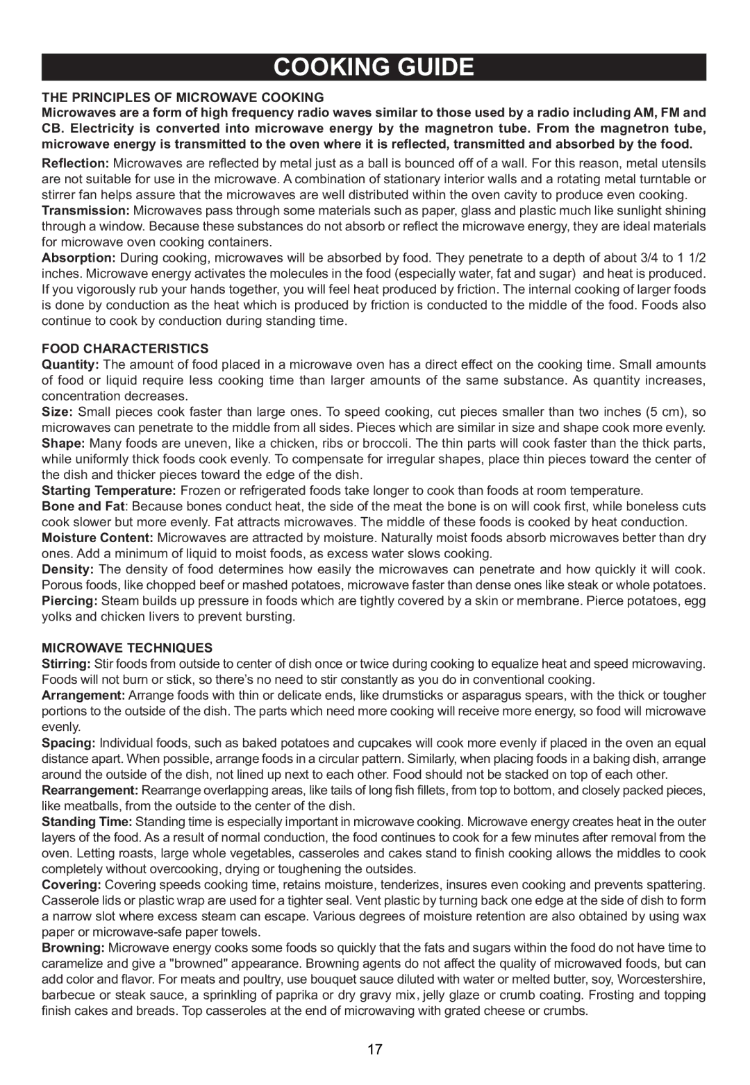 Emerson MW1161SB owner manual Principles of Microwave Cooking, Food Characteristics, Microwave Techniques 