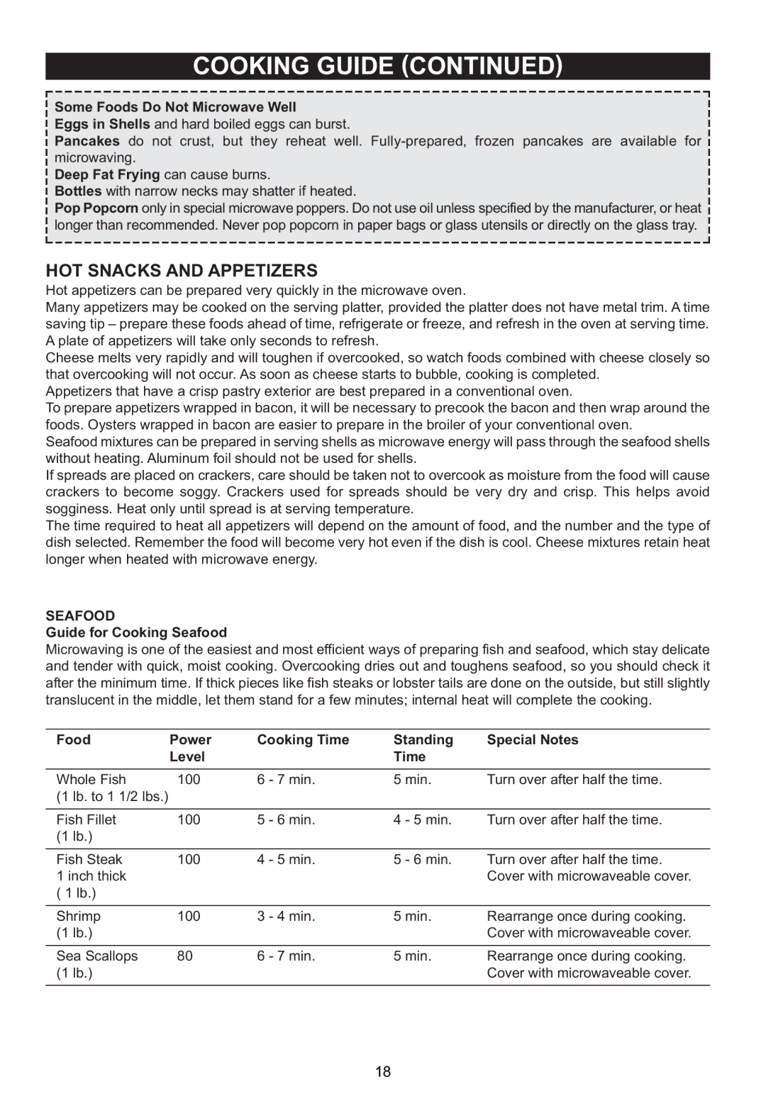 Emerson MW1161SB Some Foods Do Not Microwave Well, Deep Fat Frying can cause burns, Guide for Cooking Seafood 