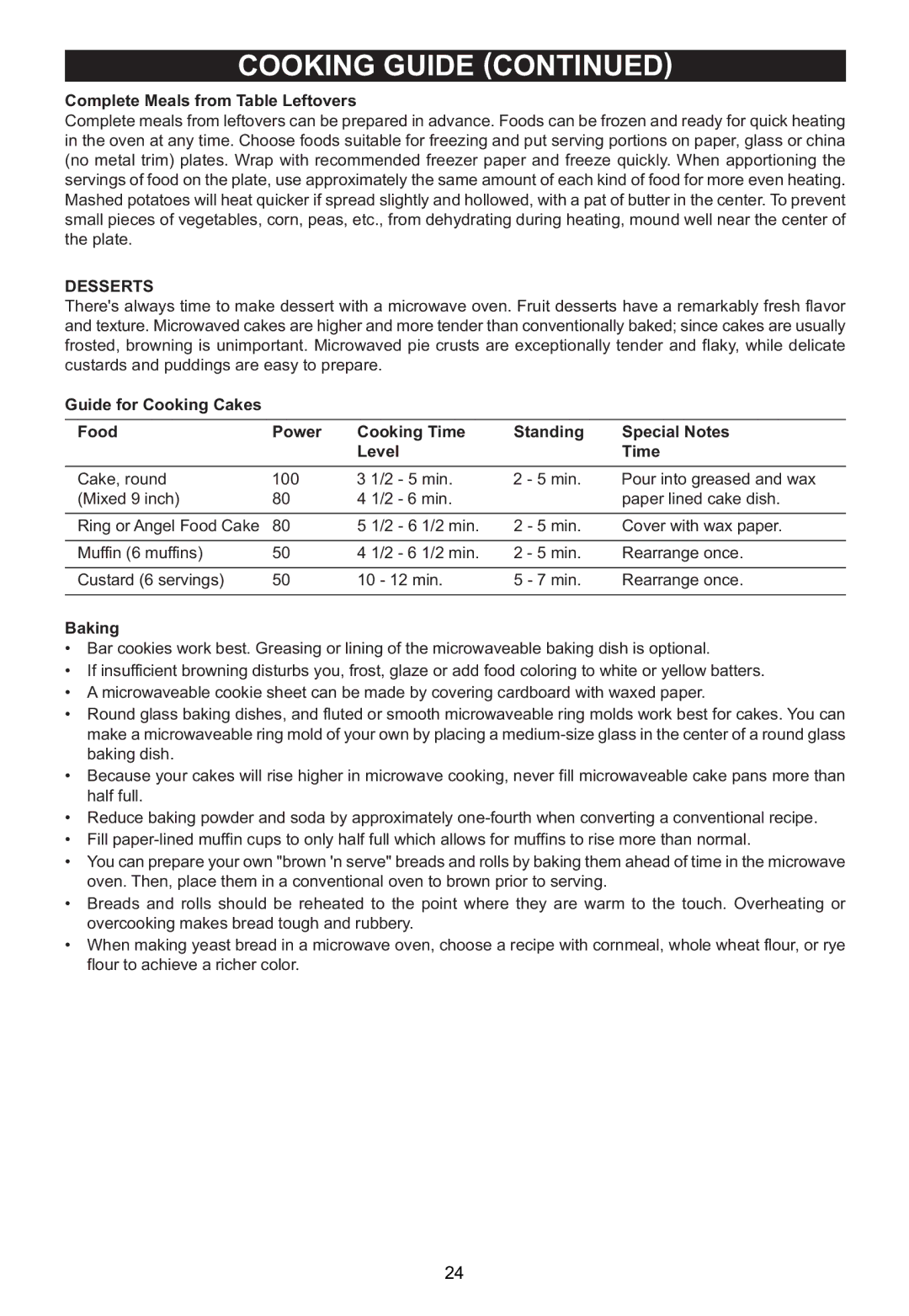 Emerson MW1161SB owner manual Complete Meals from Table Leftovers, Desserts, Baking 
