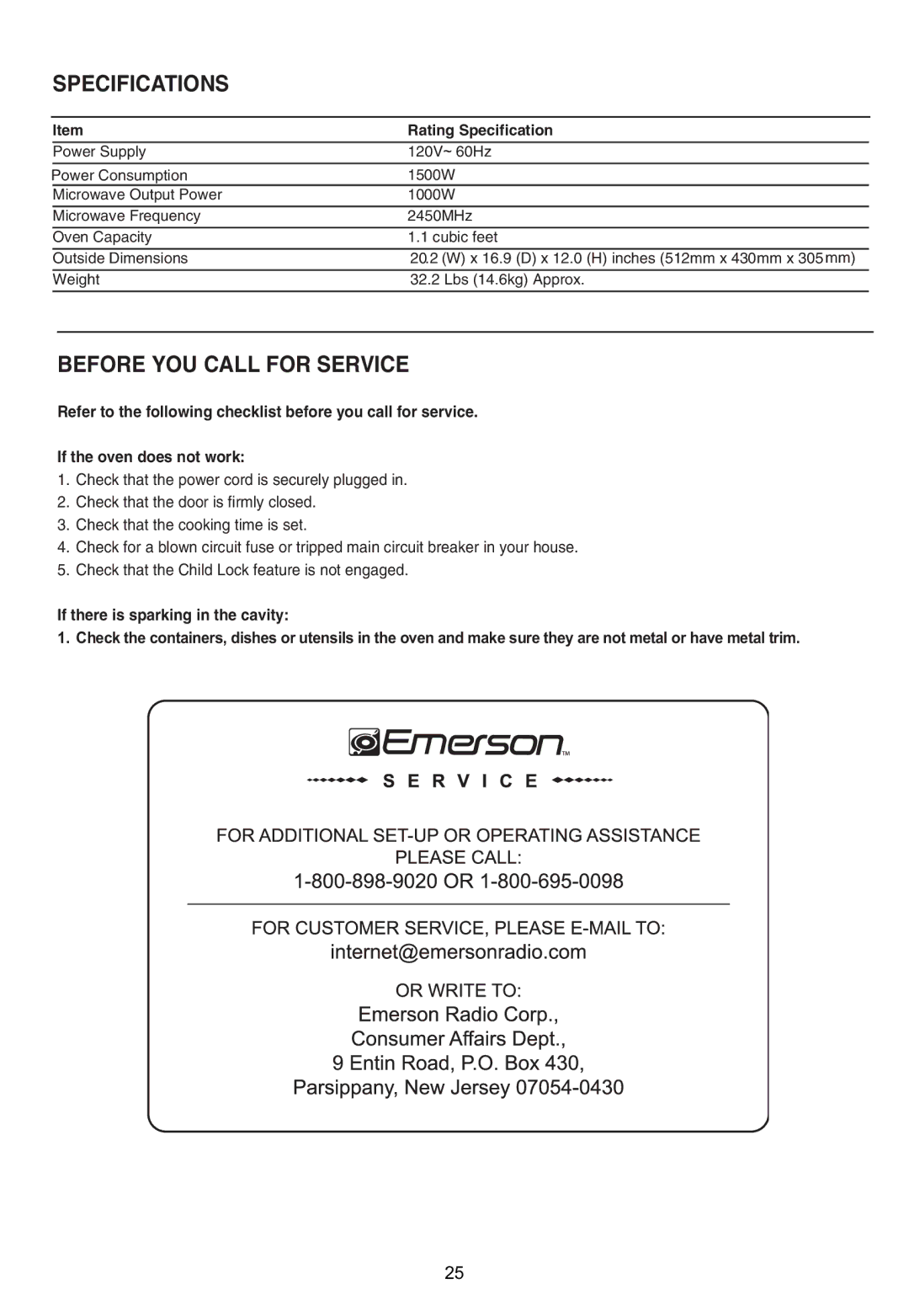 Emerson MW1161SB owner manual Specifications 